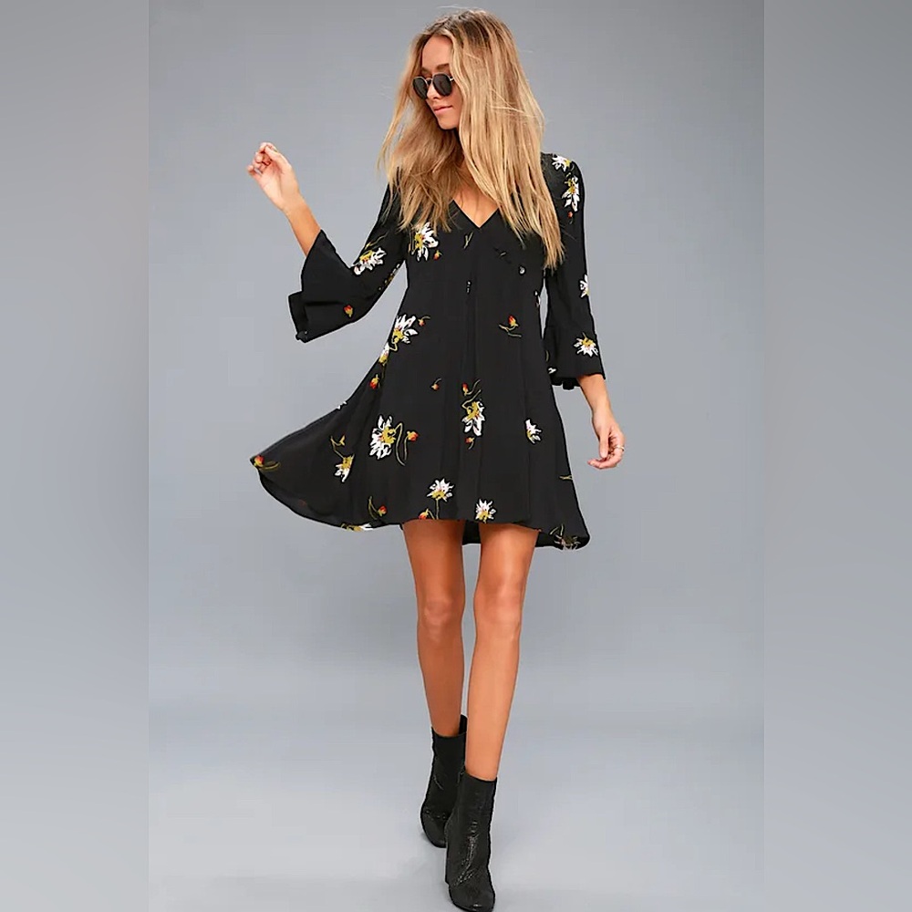Free People Time On My Side Black Floral Print Wrap Dress Romantic Boho Size XS
